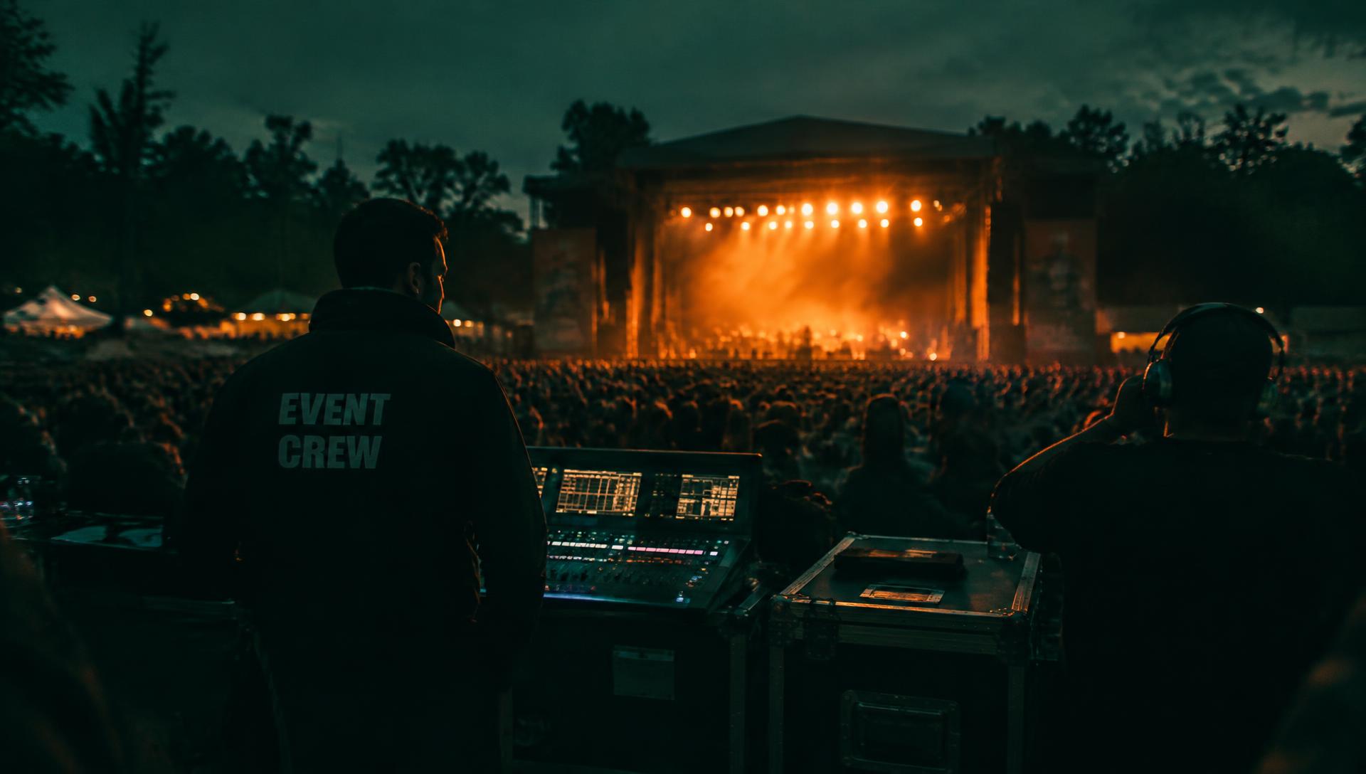 Eventcrew aan de mengtafel tijdens een druk festival bij avond